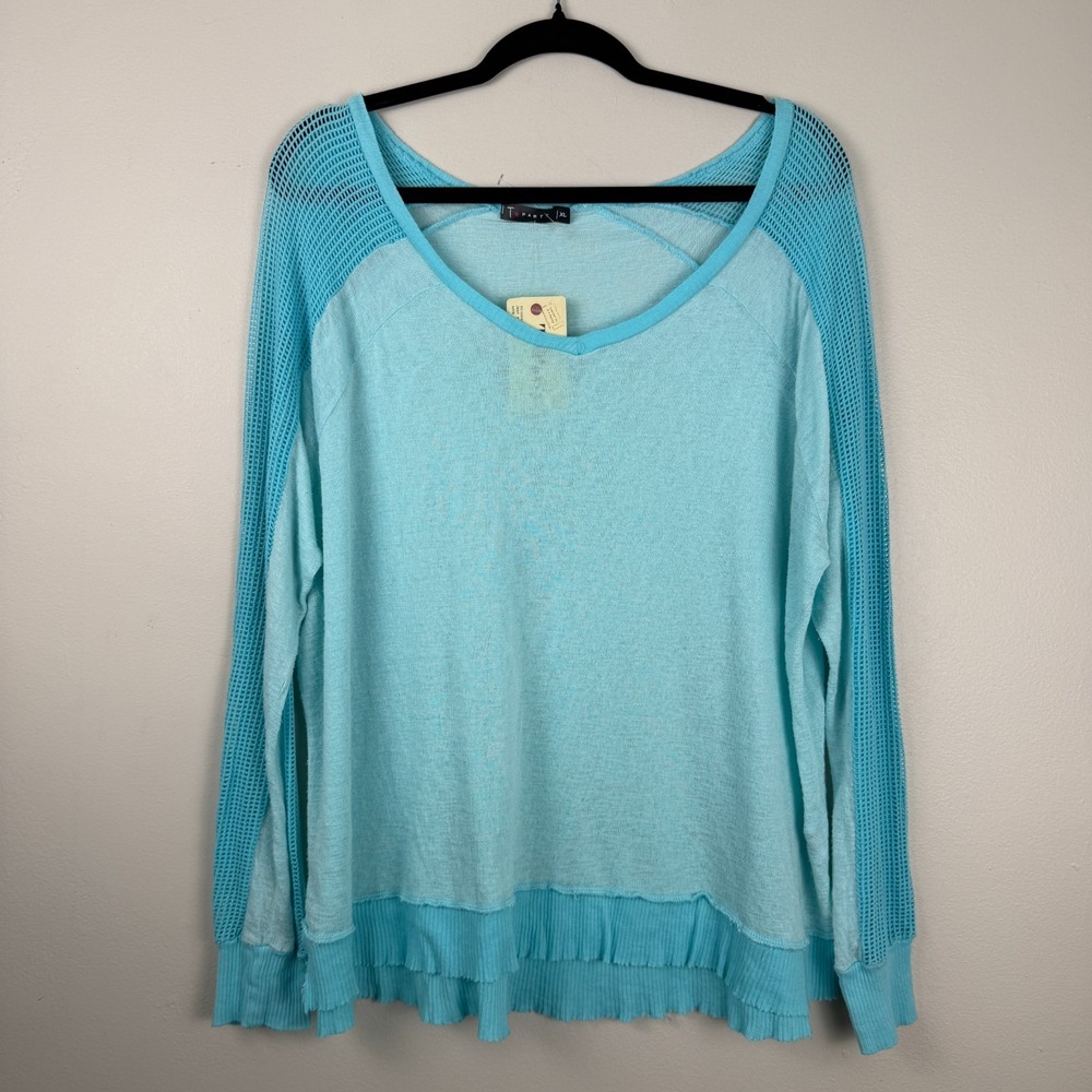 T-Party Knit Top Women's XL Blue Rayon Blend Long Sleeve V-Neck Pullover Tunic